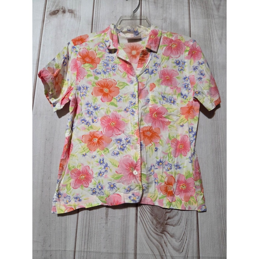 Erika & Co Petites‎ Floral Button Down Shirt Pink Orange Short Sleeve Small P